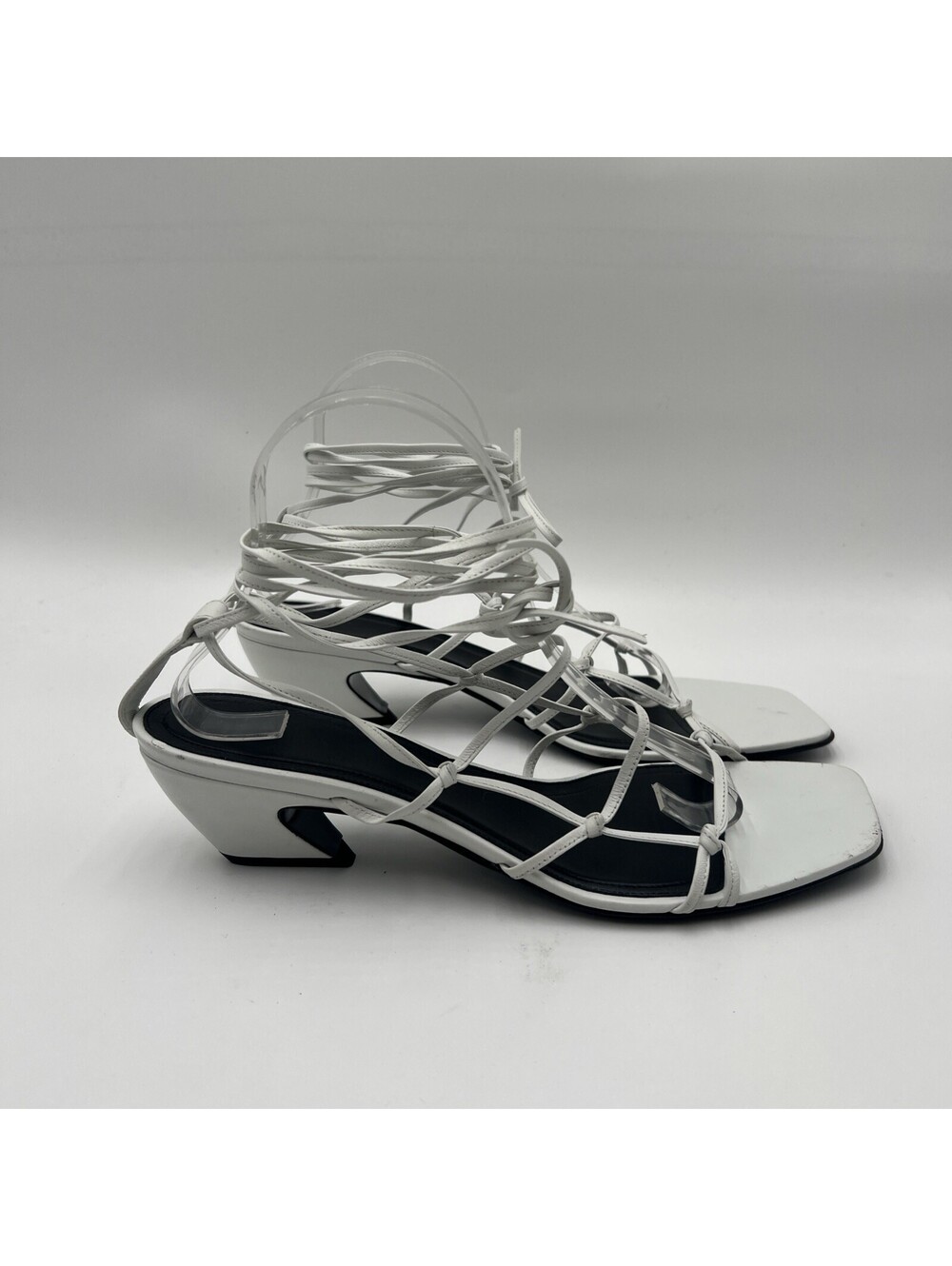 CO White Leather Knotted Square Toe Lace Up Sandals, Size 41